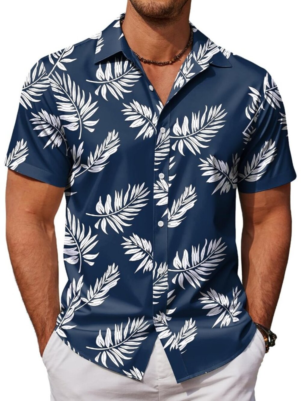 Men's Dark Blue Palm Leaves Hawaiian Short Sleeve Beach Casual Button Down Shirt